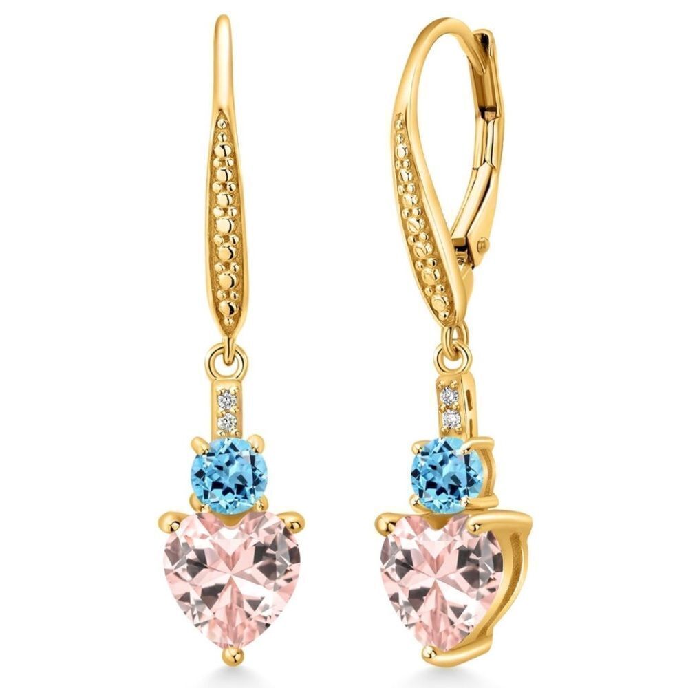 18K Yellow Gold 3.24 Cttw Peach Morganite and Swiss Blue Topaz Heart Earrings